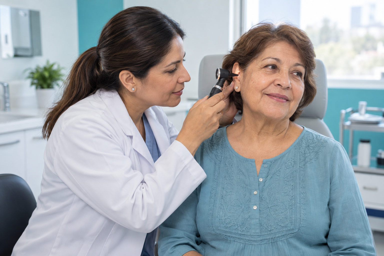 Escena ilustrativa de una especialista revisando el oído externo de una mujer adulta con un otoscopio